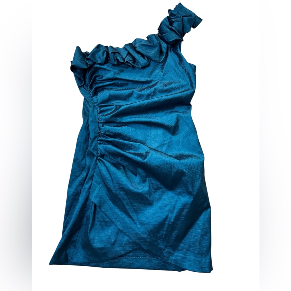 Teal One-Shoulder Ruffle Dress - Picture 2 of 10
